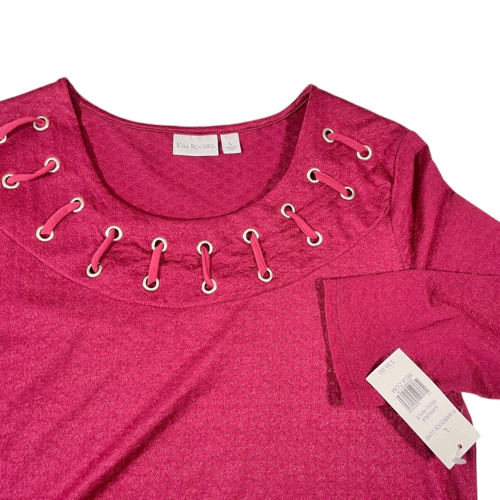 NEW Kim Rogers L Sangria Pink Tunic Grommet‎ Lace Up Neck 3/4 Sleeve Casual